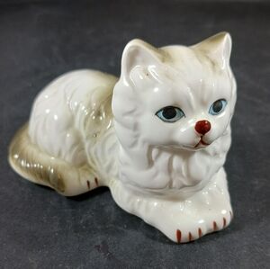 Gray and White Fluffy Cat Blue Eyes Bone China Figurine